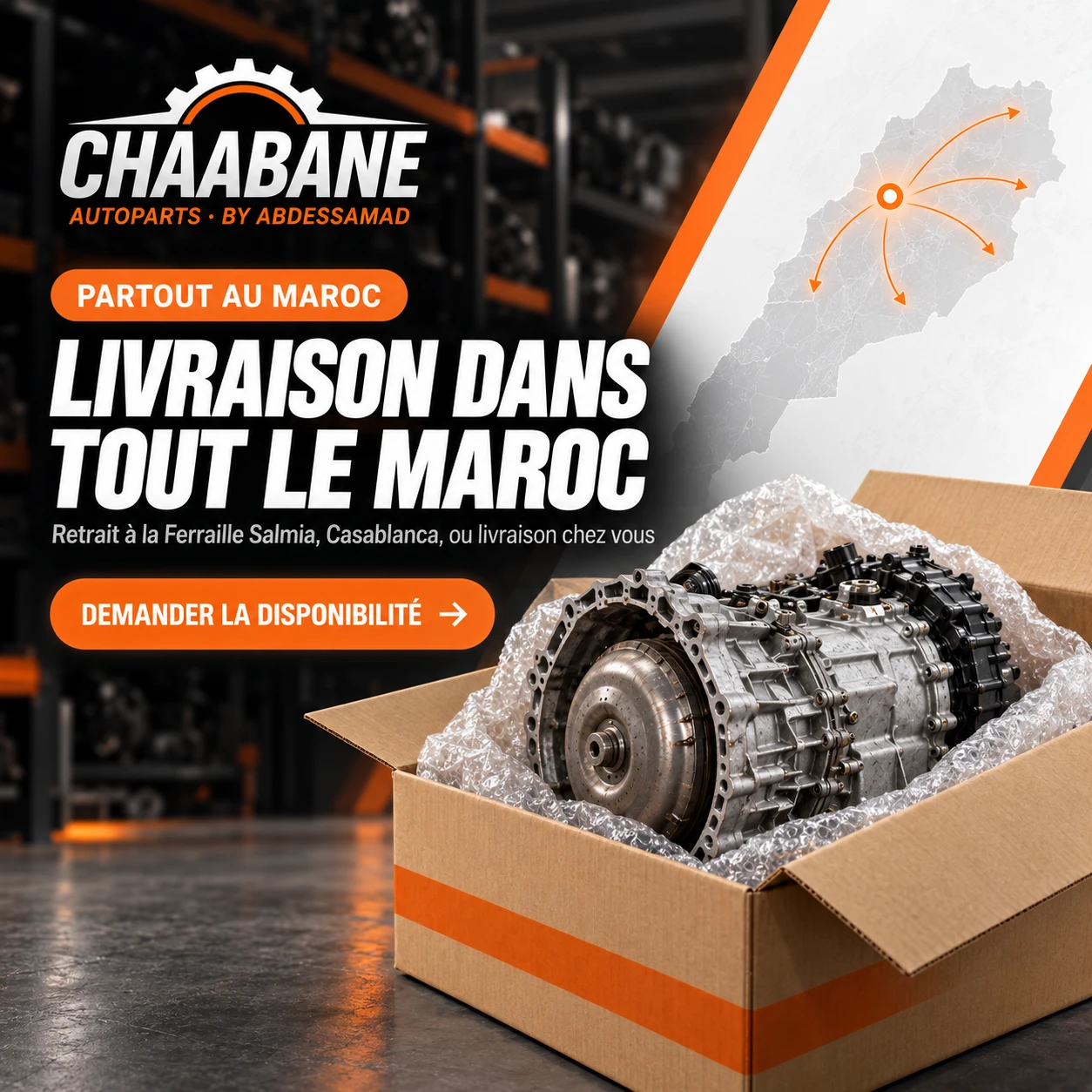 Boîte de vitesses emballée dans un carton : livraison de pièces auto d'occasion dans tout le Maroc ou retrait à la Ferraille Salmia, Casablanca
